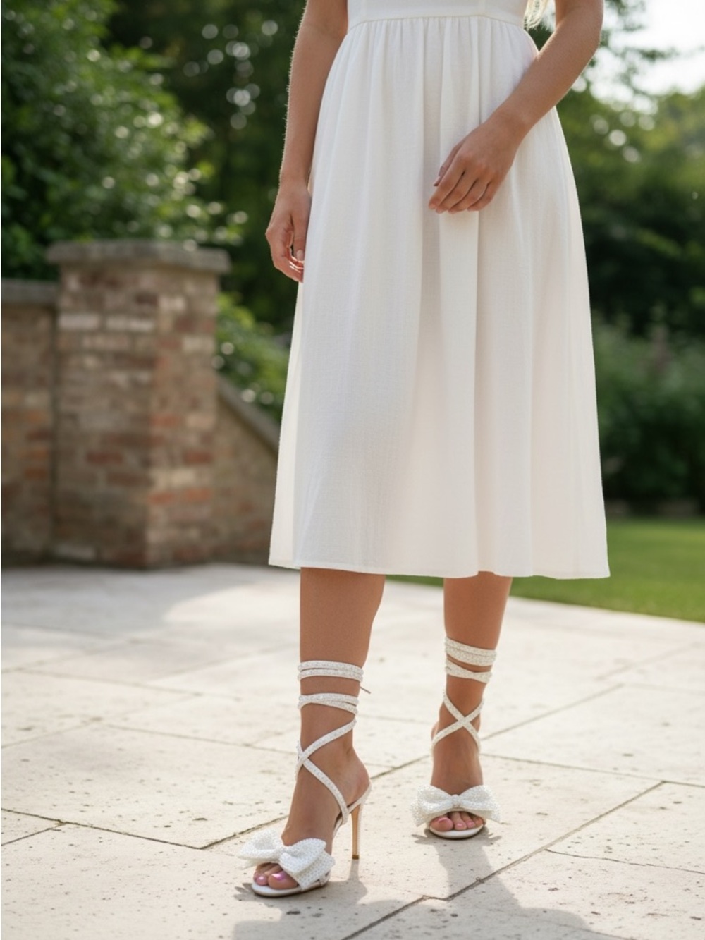 NWT FSJ Pearl-Embellished Ankle Strapped White Bow Heel Sandals - Women 13.5